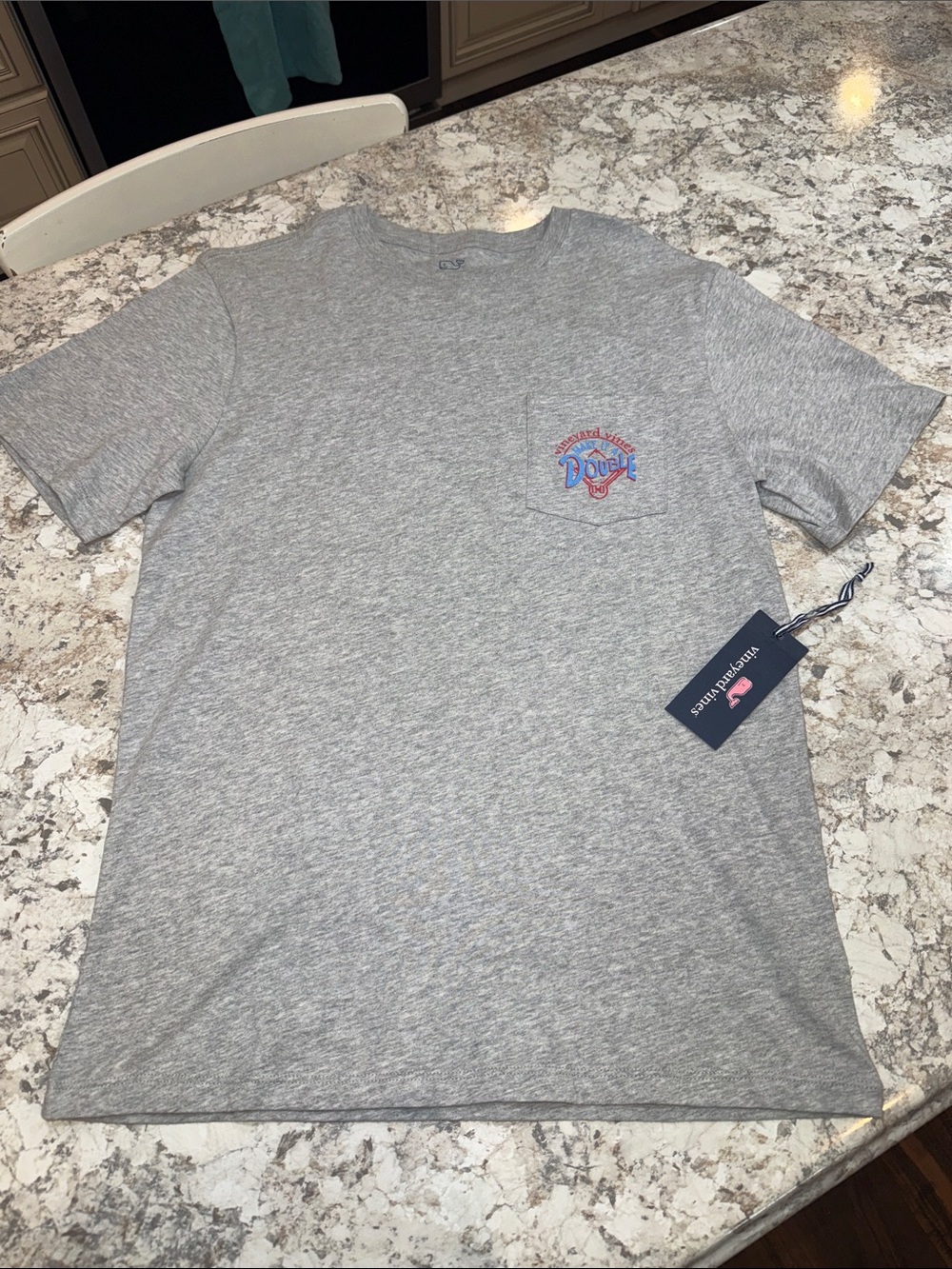 Vineyard Vines Make It A Double Pocket T Shirt Gray small Baseball Beer Tee
